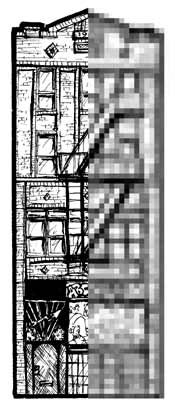 Rendering of ABC No Rio building with stylized bitmapped effect.